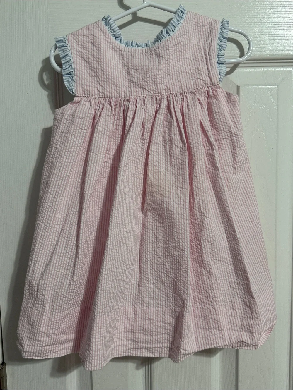 Lullaby set Girls Pink Seersucker Dress with Blue Ruffle Collar
